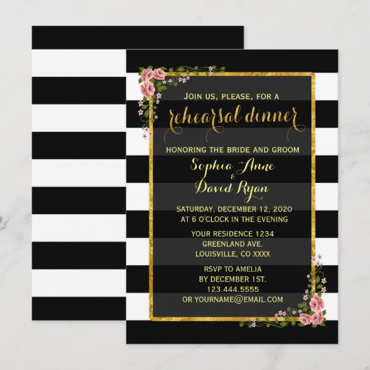 Gold Foil Black Stripes repetitie Diner Uitnodigen Kaart (Voorkant / Achterkant)