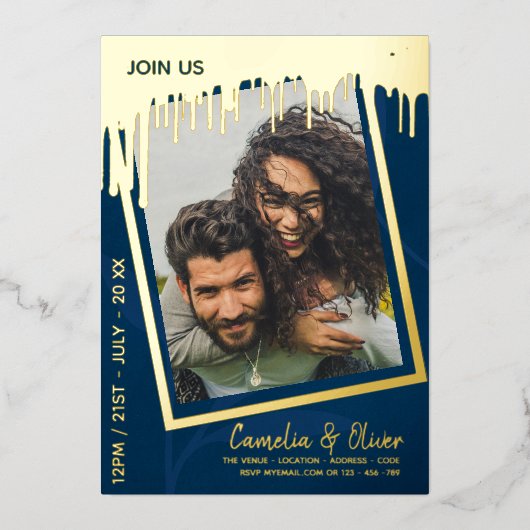 GOLD FOIL Blue FOTO Wedding QR Code Driving Folie Uitnodiging (Voorkant)