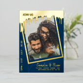 GOLD FOIL Blue FOTO Wedding QR Code Driving Folie Uitnodiging (Staand Voorkant)