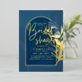 GOLD FOIL Blue Leaves VRIJGEZELLENFEEST QR Code Fo Folie Uitnodiging (Staand Voorkant)