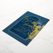 GOLD FOIL Blue Leaves VRIJGEZELLENFEEST QR Code Fo Folie Uitnodiging (Gedraaid)