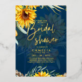 GOLD FOIL Blue Sunflower VRIJGEZELLENFEEST QR Code Folie Uitnodiging (Voorkant)