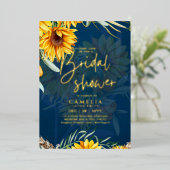 GOLD FOIL Blue Sunflower VRIJGEZELLENFEEST QR Code Folie Uitnodiging (Staand Voorkant)
