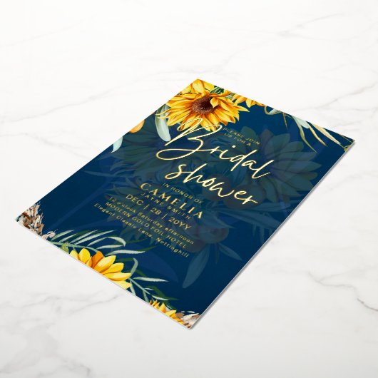 GOLD FOIL Blue Sunflower VRIJGEZELLENFEEST QR Code Folie Uitnodiging (Gedraaid)