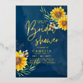 GOLD FOIL Blue Sunflower VRIJGEZELLENFEEST QR Code Folie Uitnodiging (Voorkant)