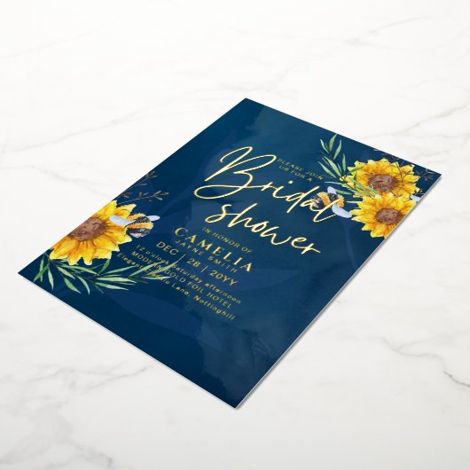 GOLD FOIL Blue Sunflower VRIJGEZELLENFEEST QR Code Folie Uitnodiging (Gedraaid)