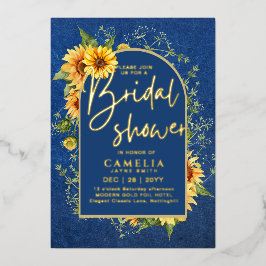 GOLD FOIL Blue Sunflower VRIJGEZELLENFEEST QR Code Folie Uitnodiging