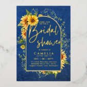 GOLD FOIL Blue Sunflower VRIJGEZELLENFEEST QR Code Folie Uitnodiging (Voorkant)