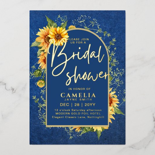 GOLD FOIL Blue Sunflower VRIJGEZELLENFEEST QR Code Folie Uitnodiging (Voorkant)