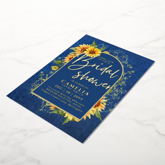 GOLD FOIL Blue Sunflower VRIJGEZELLENFEEST QR Code Folie Uitnodiging (Gedraaid)