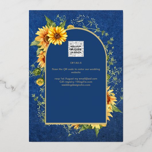 GOLD FOIL Blue Sunflower VRIJGEZELLENFEEST QR Code Folie Uitnodiging (Achterkant)
