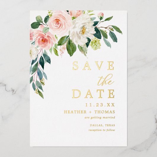 Gold Foil Blush Floral bespaart de data Folie Uitnodiging (Voorkant)