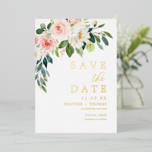Gold Foil Blush Floral bespaart de data Folie Uitnodiging (Staand Voorkant)