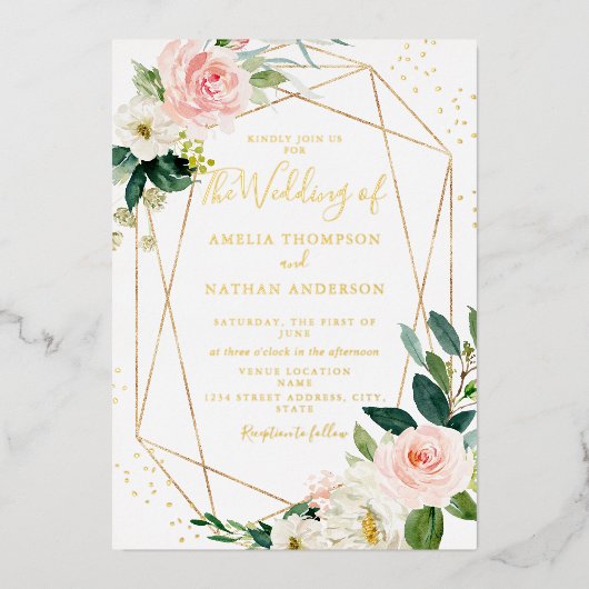 GOLD FOIL Blush Floral Wedding Folie Uitnodiging (Voorkant)