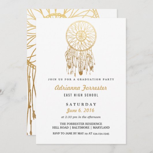 Gold Foil Bohemian Dream Catcher Afstudeerfeest Kaart (Voorkant / Achterkant)