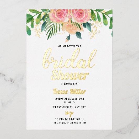 Gold foil boho floral bridal doucheuitnodiging folie uitnodiging (Voorkant)