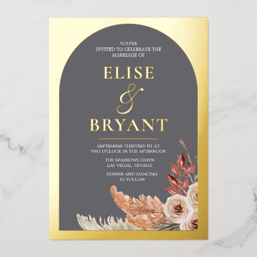 Gold Foil Boho Floral Modern Wedding Folie Uitnodiging (Voorkant)