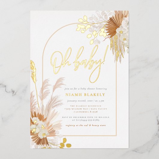 Gold Foil | Boho Pampas Arch Girl Baby shower Folie Uitnodiging (Voorkant)