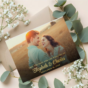Gold Foil Bold Names Foto Save the Date Kaart