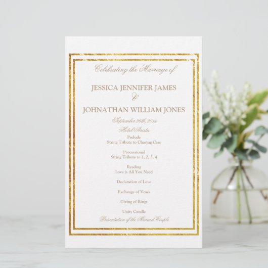 Gold Foil Border Elegant Script Weddenprogramma (Staand voorkant)