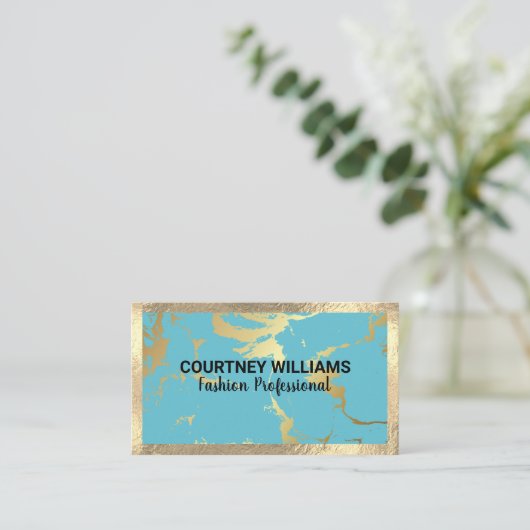 Gold Foil Border | Golden Turquoise Marble Visitekaartje (Staand voorkant)