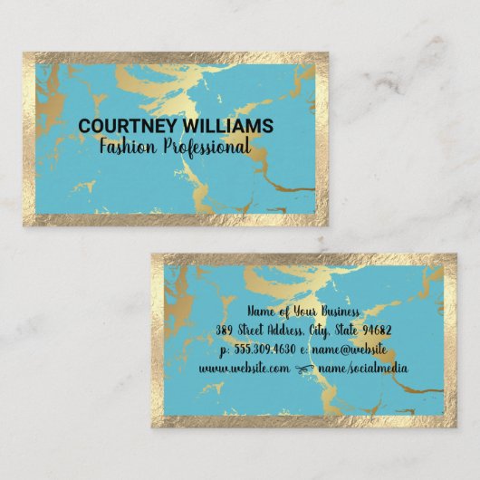 Gold Foil Border | Golden Turquoise Marble Visitekaartje (Voorkant / Achterkant)