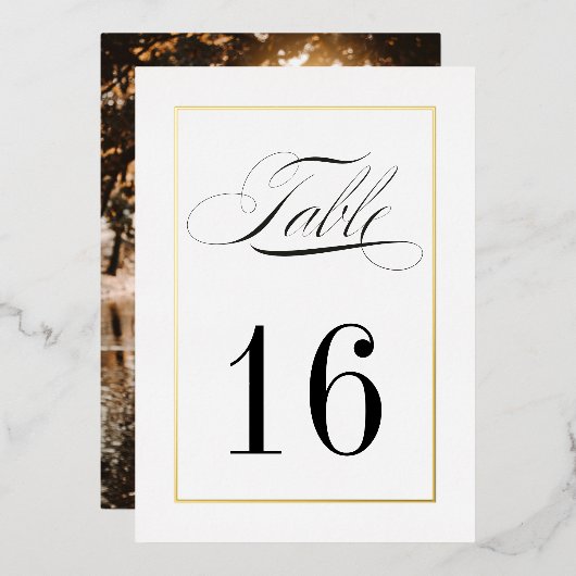 Gold Foil Border Wedding Table Numbers Foto Folie Uitnodiging (Voorkant / Achterkant)