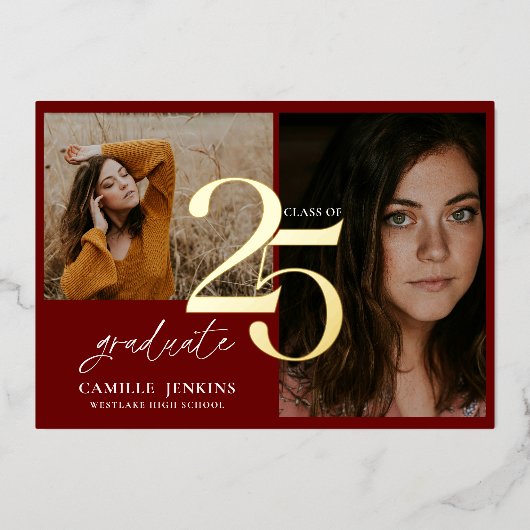 Gold Foil Bourgogne Afstuderen Klasse 2025 Partij Folie Uitnodiging (Voorkant)