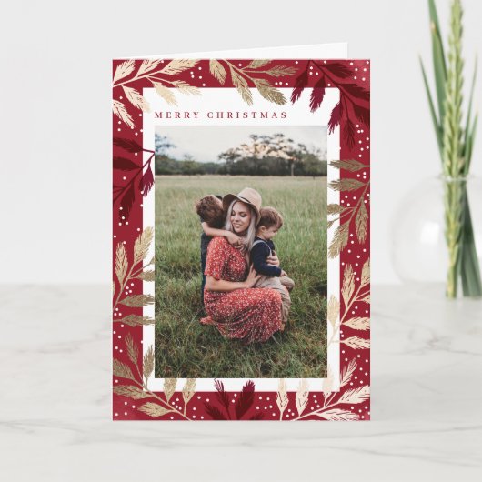Gold Foil Branches Merry Kerstmis 3 Foto Feestdagen Kaart (Voorkant)
