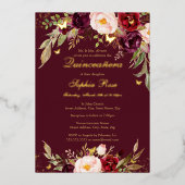 GOLD FOIL Burgundy Blush Floral Quinceanera Folie Uitnodiging (Voorkant)