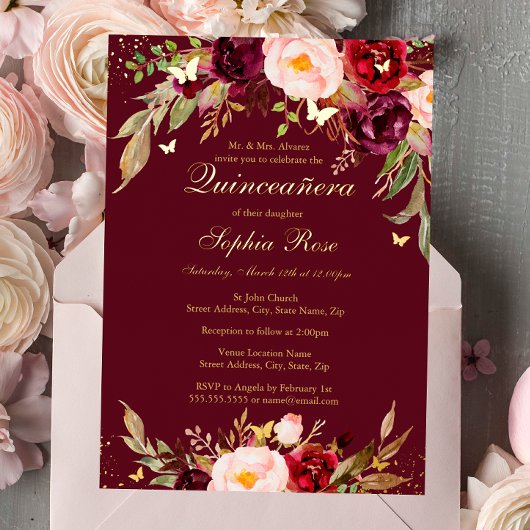 GOLD FOIL Burgundy Blush Floral Quinceanera Folie Uitnodiging