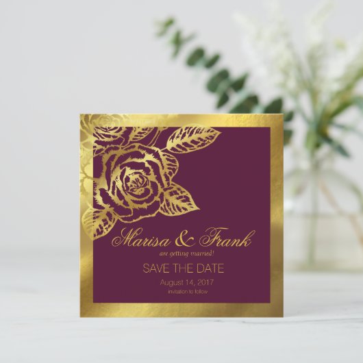 Gold Foil Burgundy  Botanical Save the Date (Staand voorkant)