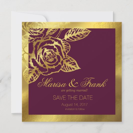 Gold Foil Burgundy  Botanical Save the Date (Voorkant)