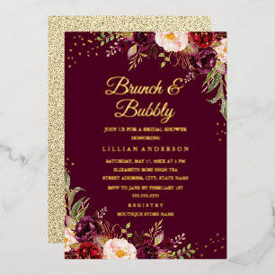 GOLD FOIL Burgundy Floral Brunch en Bubble Folie Uitnodiging