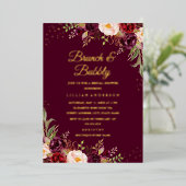 GOLD FOIL Burgundy Floral Brunch en Bubble Folie Uitnodiging (Staand Voorkant)