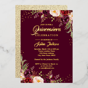 GOLD FOIL Burgundy Floral Quinceanera Folie Uitnodiging