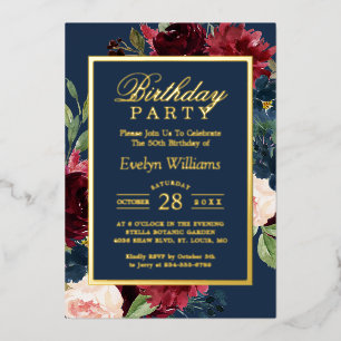 Gold Foil Burgundy Navy Floral Birthday Party Folie Uitnodiging