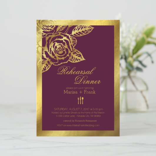 Gold Foil Burgundy  Rozen repetitie Dinner Kaart (Staand voorkant)