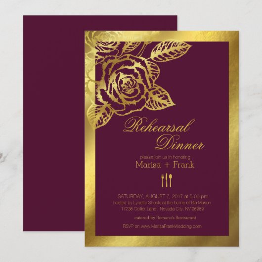 Gold Foil Burgundy  Rozen repetitie Dinner Kaart (Voorkant / Achterkant)