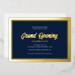 Gold Foil Calligrafie Blue Grand Opening Folie Uitnodiging<br><div class="desc">Deze elegante Grand Opening uitnodiging is voorzien van een ontwerp dat voorzien is van een gouden foliemanuscript en een gouden folierand op een donkerblauwe achtergrond.</div>