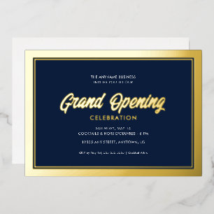 Gold Foil Calligrafie Blue Grand Opening Folie Uitnodiging