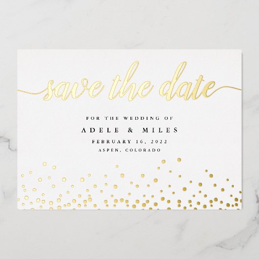Gold Foil Calligraphy Confetti Save the Date Kaart (Voorkant)