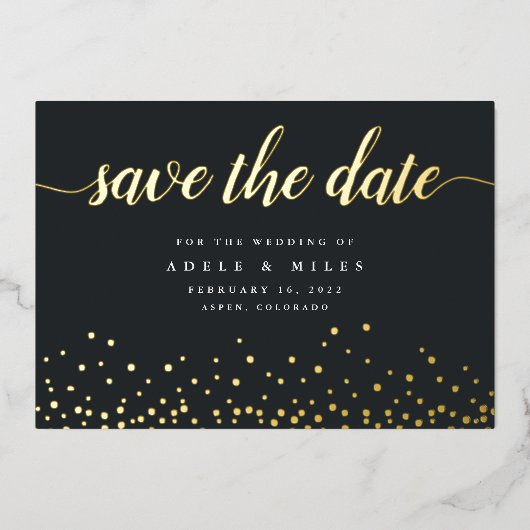 Gold Foil Calligraphy Confetti Save the Date Kaart (Voorkant)