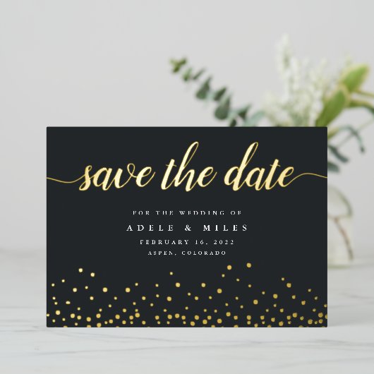 Gold Foil Calligraphy Confetti Save the Date Kaart (Staand Voorkant)