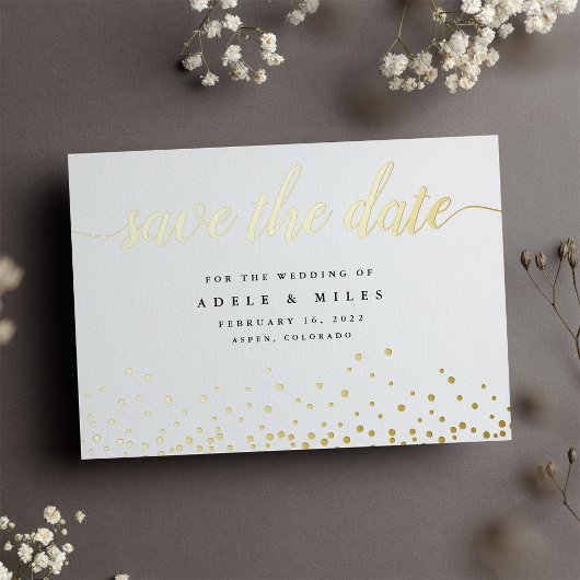 Gold Foil Calligraphy Confetti Save the Date Kaart