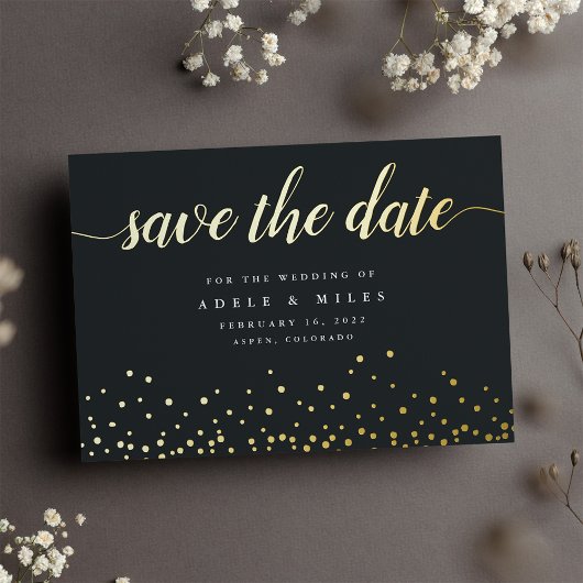 Gold Foil Calligraphy Confetti Save the Date Kaart
