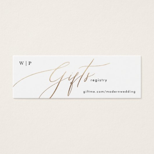 Gold Foil Calligraphy Moderne Wedding Gift Registr Mini Visitekaartjes (Voorkant)
