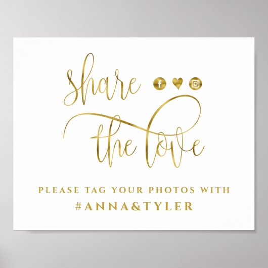 Gold Foil Calligraphy Wedding Hashtag Share Love Poster (Voorkant)