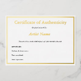 Gold Foil Certificate of Authenticity for Art Folie Uitnodiging