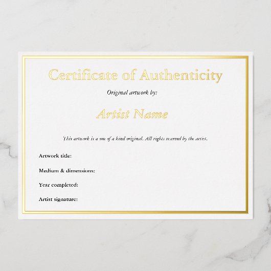 Gold Foil Certificate of Authenticity for Art Folie Uitnodiging (Voorkant)